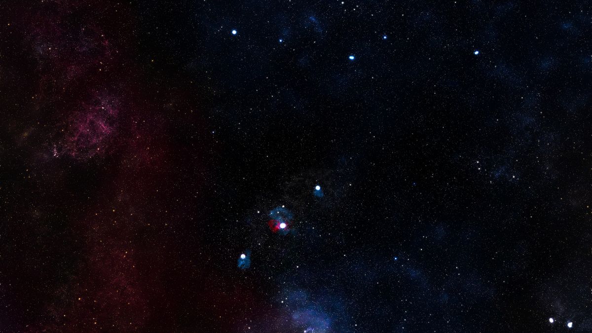 Dark night sky full of stars with the Orion constellation and faint nebula colors